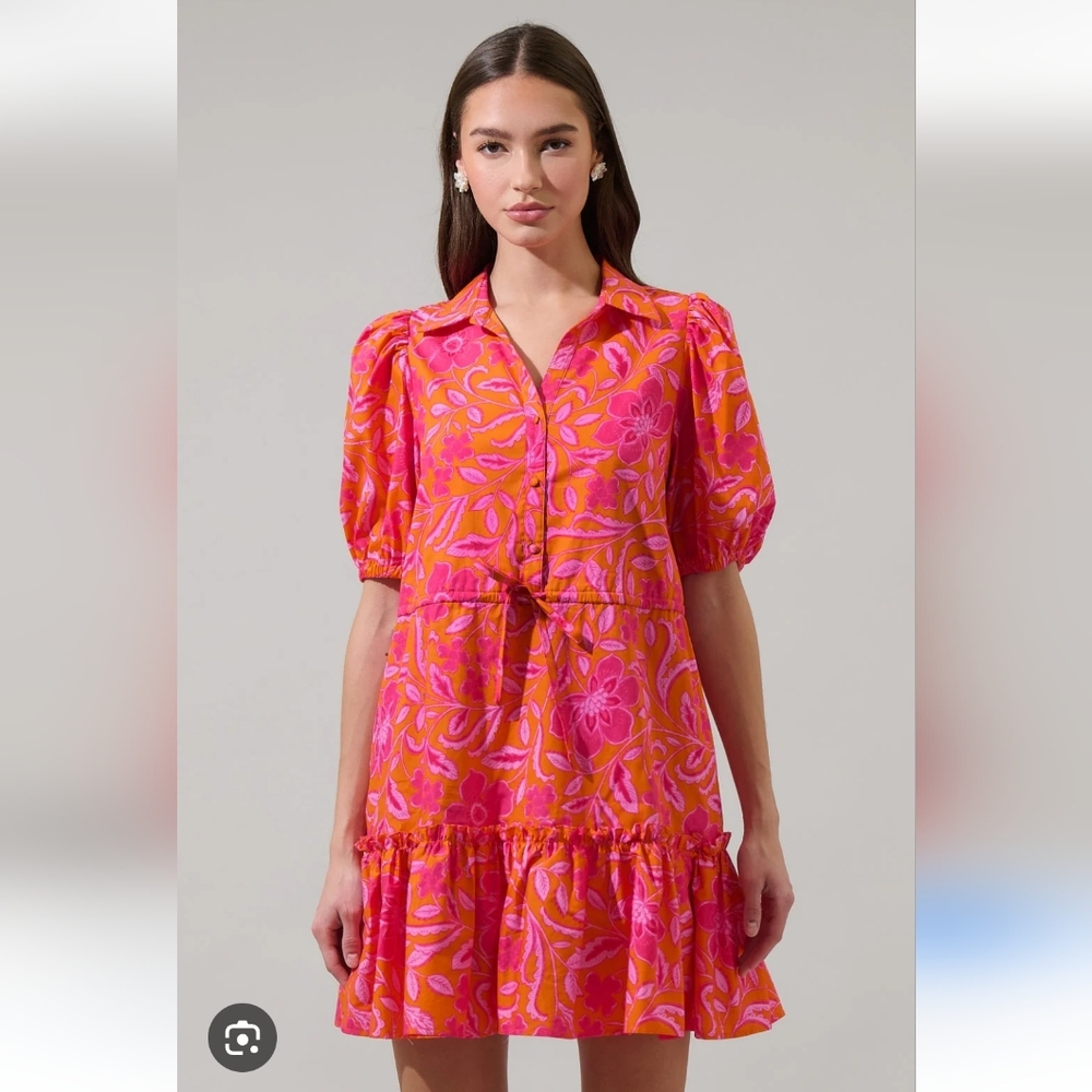 Sugarlips NWT Rea Floral Stacie Button Down Mini Dress in Orange Floral Fuchsia - Picture 2 of 11